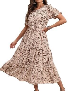 Grecerelle Beige Leopard Print Tiered Midi Dress Sx Lg